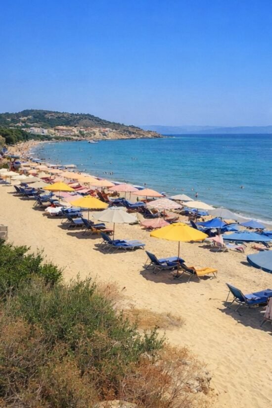Sandy Karfas Beach in Chios with colorful umbrellas and sunbeds by the Aegean Sea