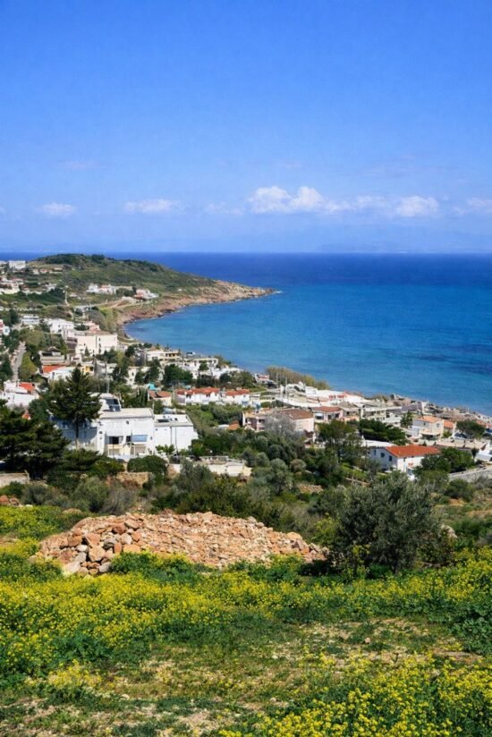 Panoramic view of Karfas village and coastline in Chios with the blue Aegean Sea