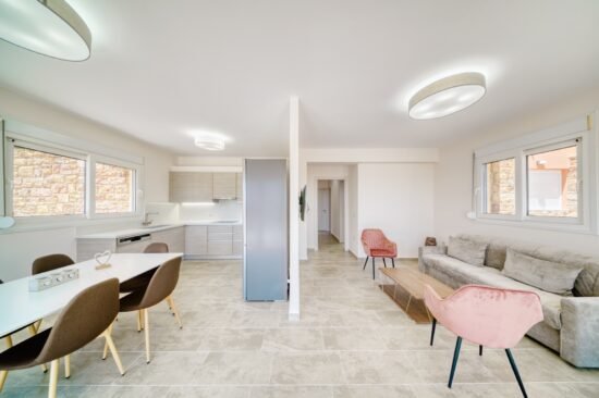 Open plan kitchen and living area with modern design in Karfas Chios apartment