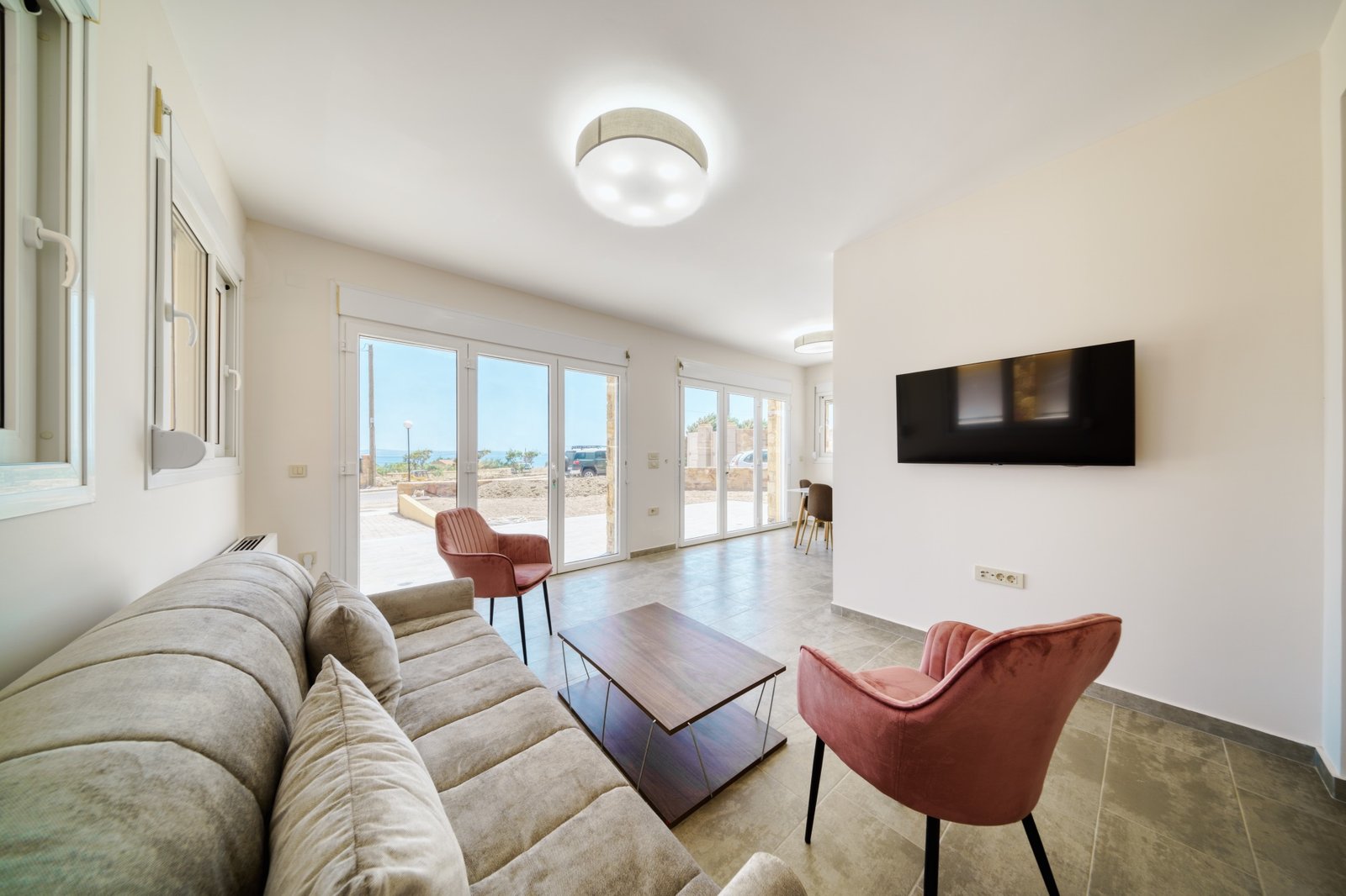 seaview living room apartment in Karfas Chios with modern interior and natural light